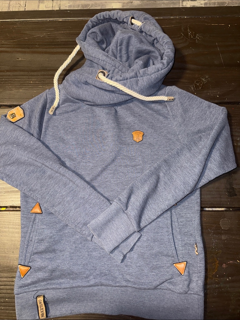 Naketano Heathered Blue Crewneck Sweatshirt with Leather Trim